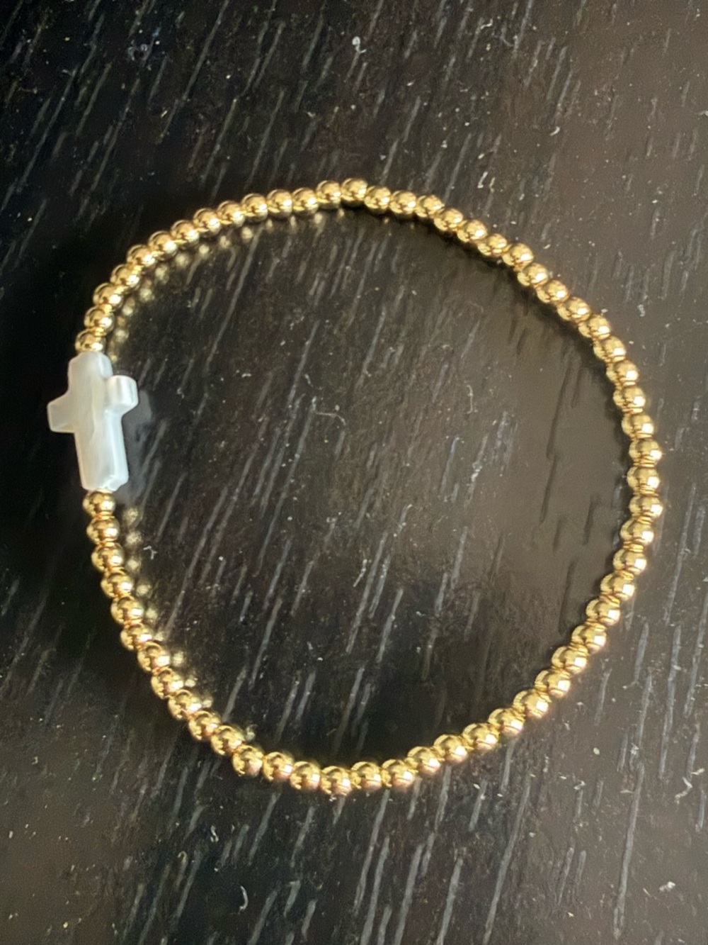 Gold Beaded Stretch Bracelet with White Cross Accent